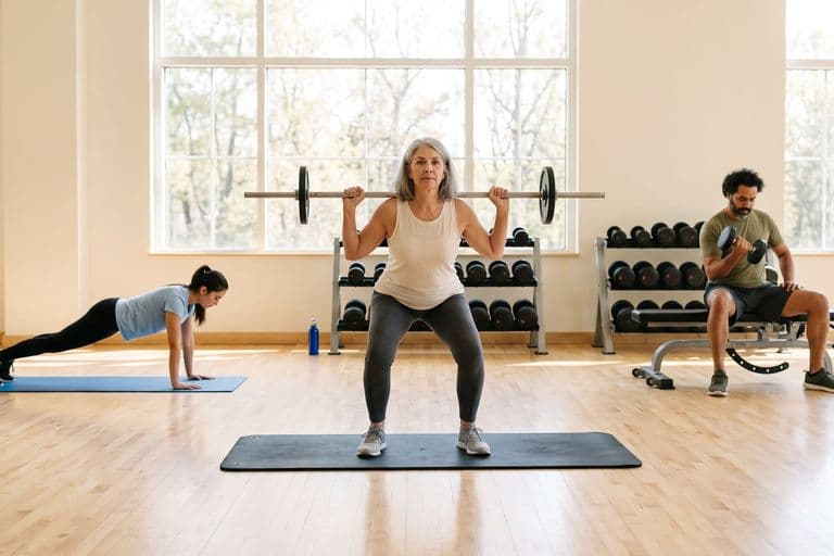 A bright gym floor seen wide, with three ordinary people working separately on different things — a bar, a bench, a mat — plenty of light and space