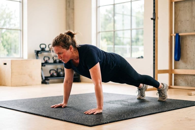 An ordinary person mid-burpee on a mat in a bright gym, hands planted, clearly working hard but not an elite athlete
