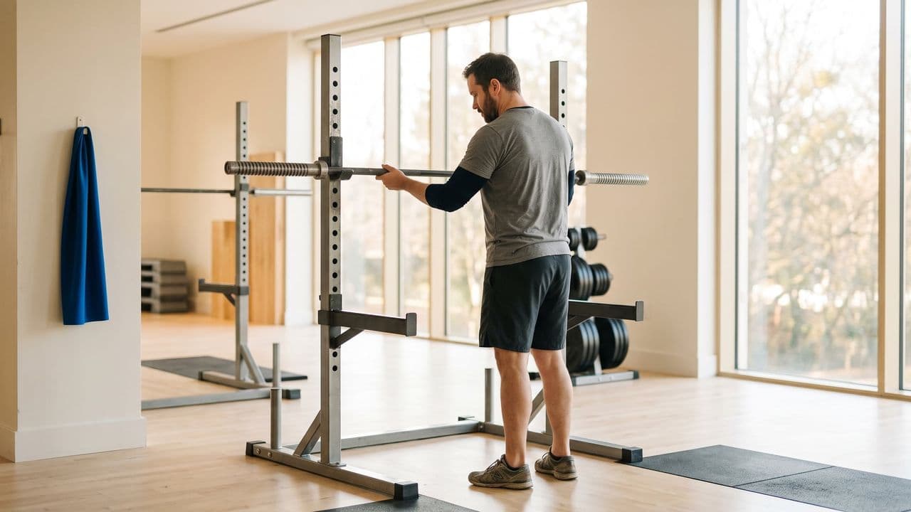 An ordinary person setting up a barbell on a rack in a bright gym, sleeves pushed up, deliberate and unhurried, plenty of clean space around them