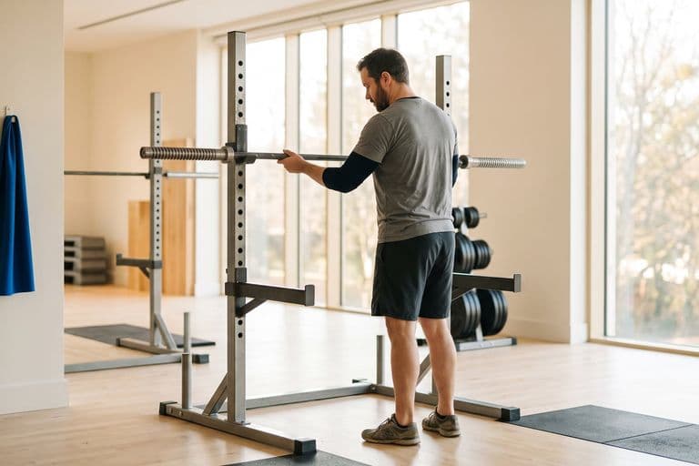 An ordinary person setting up a barbell on a rack in a bright gym, sleeves pushed up, deliberate and unhurried, plenty of clean space around them