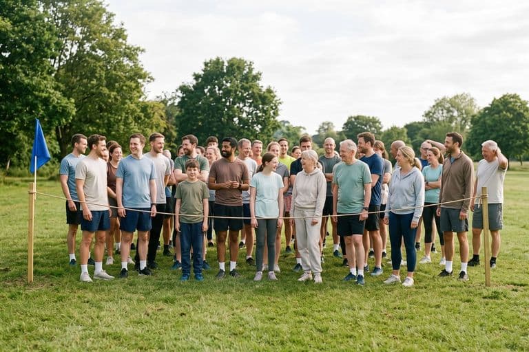 A small friendly local fun-run start area on grass in morning light, a modest crowd of ordinary people of mixed ages waiting, nothing branded