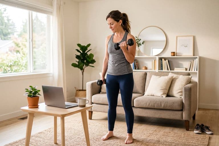 An ordinary woman in workout clothes doing a quick dumbbell set at home in a bright living room, a laptop closed on the table beside her