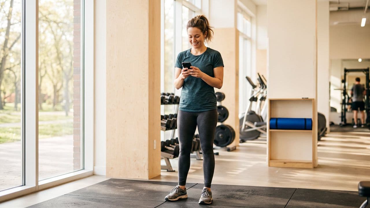 A woman in workout clothes pausing mid-session in a bright gym, phone in hand, having just committed to a date
