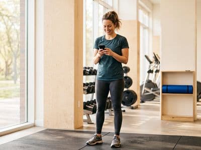 A woman in workout clothes pausing mid-session in a bright gym, phone in hand, having just committed to a date