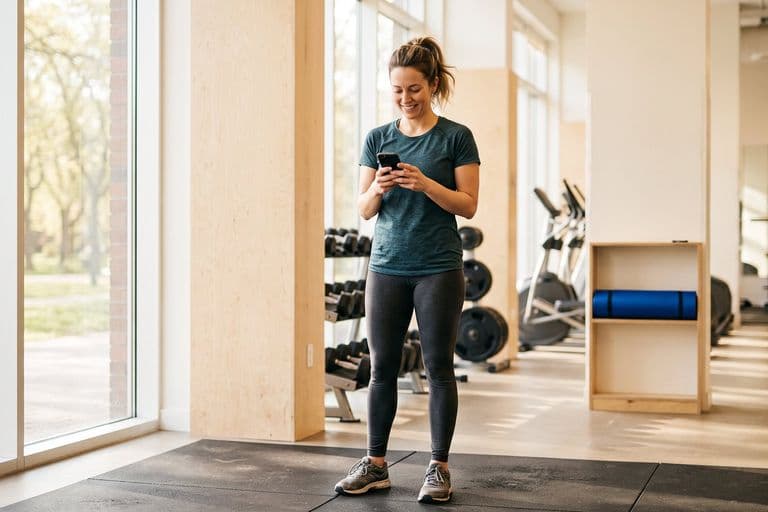A woman in workout clothes pausing mid-session in a bright gym, phone in hand, having just committed to a date