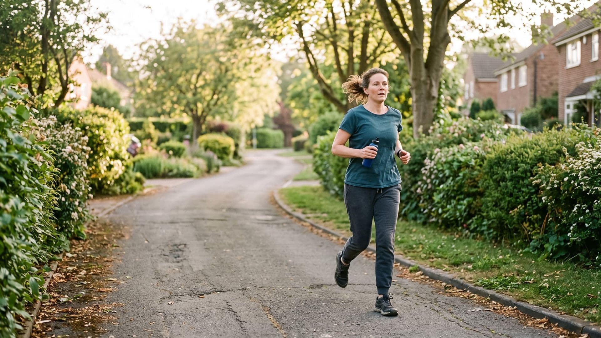A beginner runner in their forties jogging on a quiet suburban path in soft morning light, unhurried, ordinary clothes rather than race kit