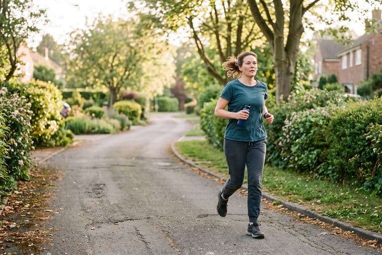 A beginner runner in their forties jogging on a quiet suburban path in soft morning light, unhurried, ordinary clothes rather than race kit