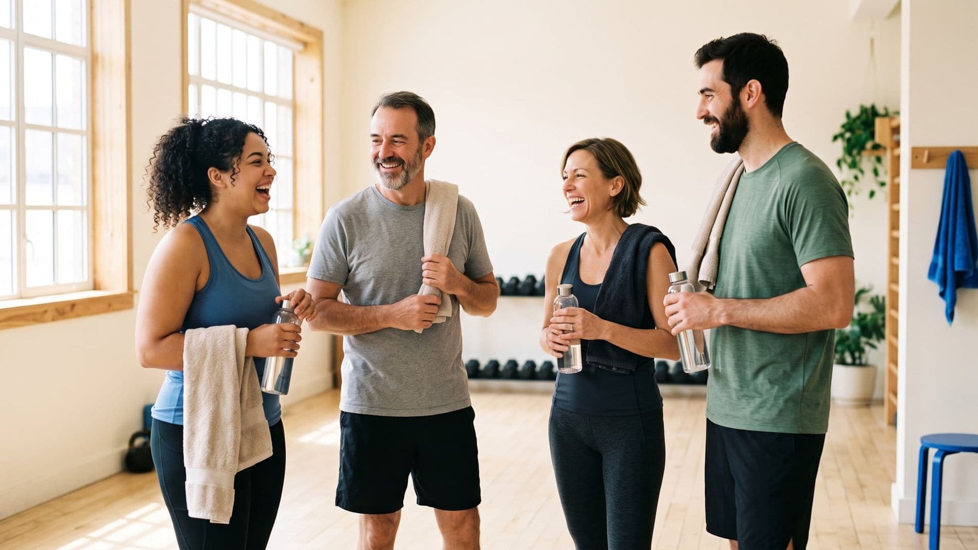 A small group of ordinary people of mixed ages talking and laughing together after a session in a bright gym, towels and water bottles in hand