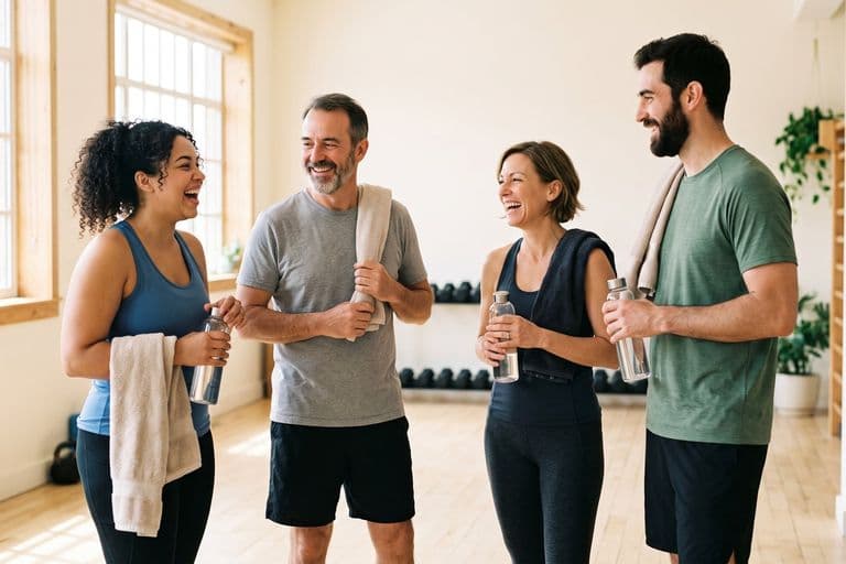 A small group of ordinary people of mixed ages talking and laughing together after a session in a bright gym, towels and water bottles in hand