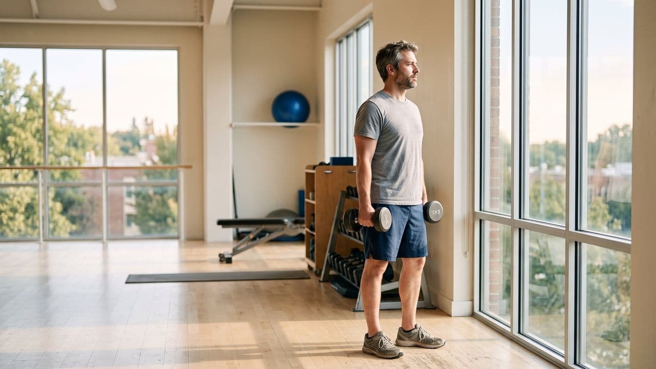 An ordinary man in his late thirties standing still in a bright gym with a dumbbell in one hand, looking towards the window, taking a moment to think