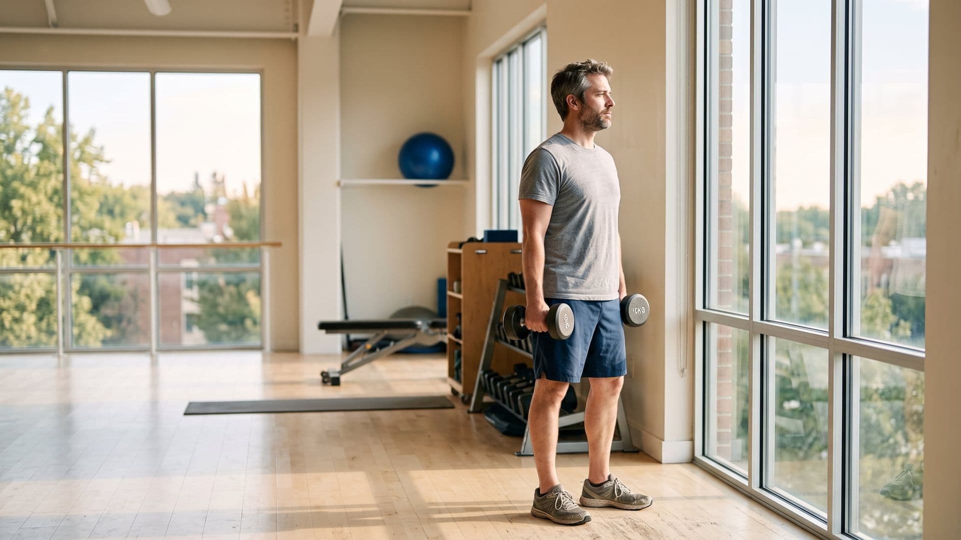 An ordinary man in his late thirties standing still in a bright gym with a dumbbell in one hand, looking towards the window, taking a moment to think