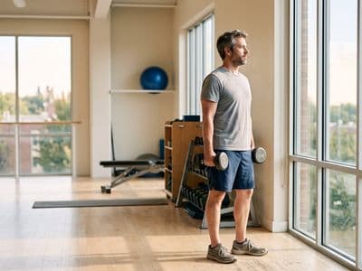 An ordinary man in his late thirties standing still in a bright gym with a dumbbell in one hand, looking towards the window, taking a moment to think