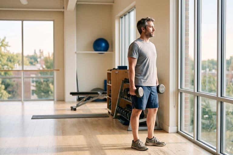An ordinary man in his late thirties standing still in a bright gym with a dumbbell in one hand, looking towards the window, taking a moment to think
