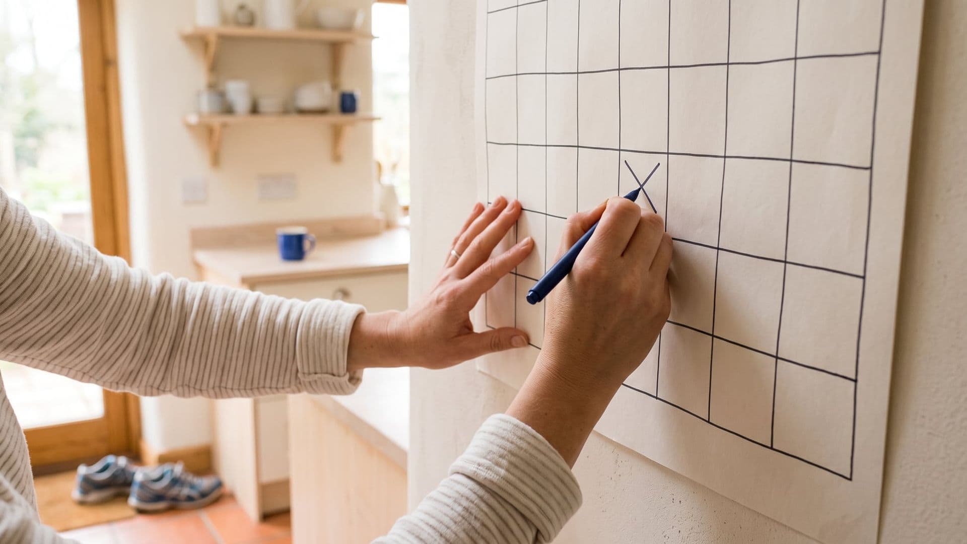 A close view of an ordinary person's hands writing a date into a paper wall planner in a bright kitchen, running shoes by the door behind them