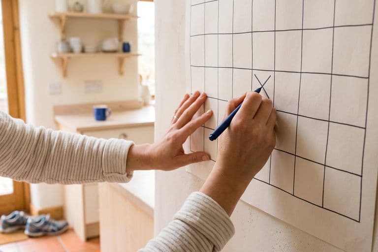 A close view of an ordinary person's hands writing a date into a paper wall planner in a bright kitchen, running shoes by the door behind them
