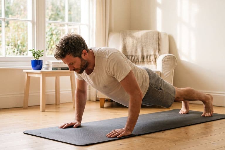 An ordinary man doing press-ups on a mat on a wooden living-room floor in morning light, mid-repetition, no gym in sight