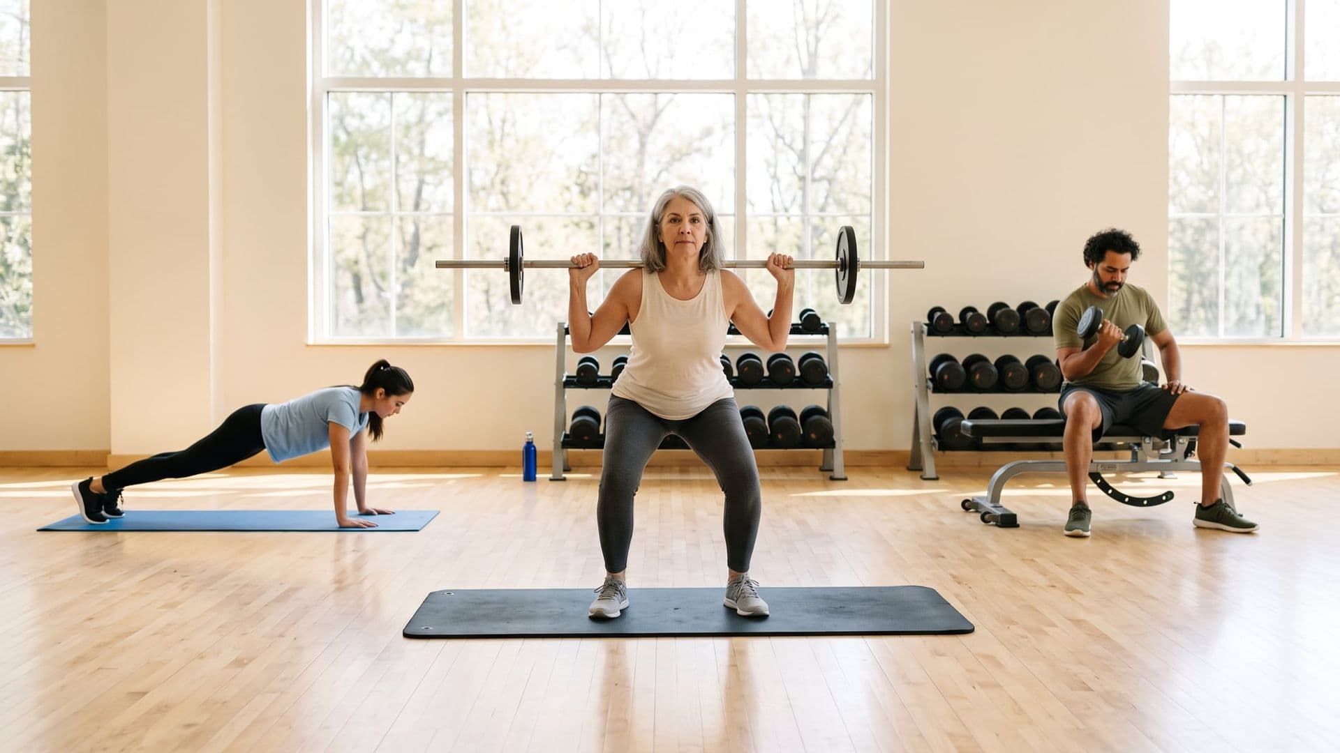 A bright gym floor seen wide, with three ordinary people working separately on different things — a bar, a bench, a mat — plenty of light and space