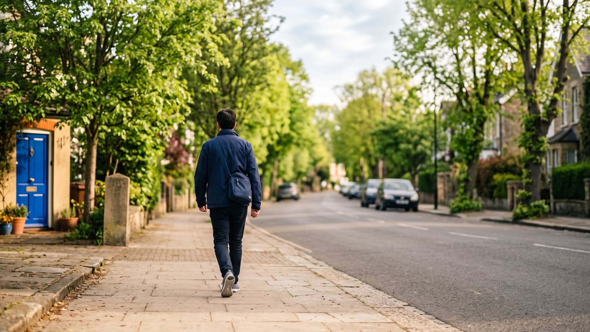 An ordinary person walking briskly along a tree-lined street in soft early light, everyday clothes and trainers