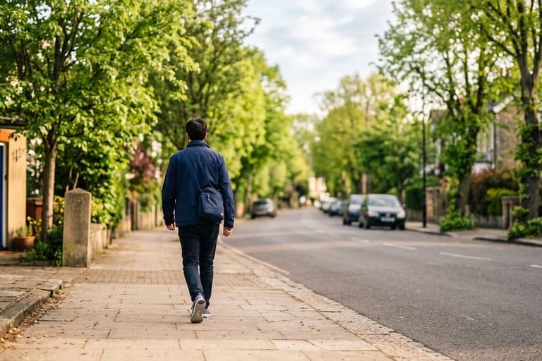 An ordinary person walking briskly along a tree-lined street in soft early light, everyday clothes and trainers
