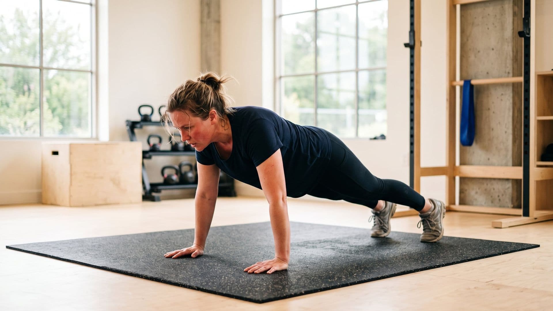 An ordinary person mid-burpee on a mat in a bright gym, hands planted, clearly working hard but not an elite athlete