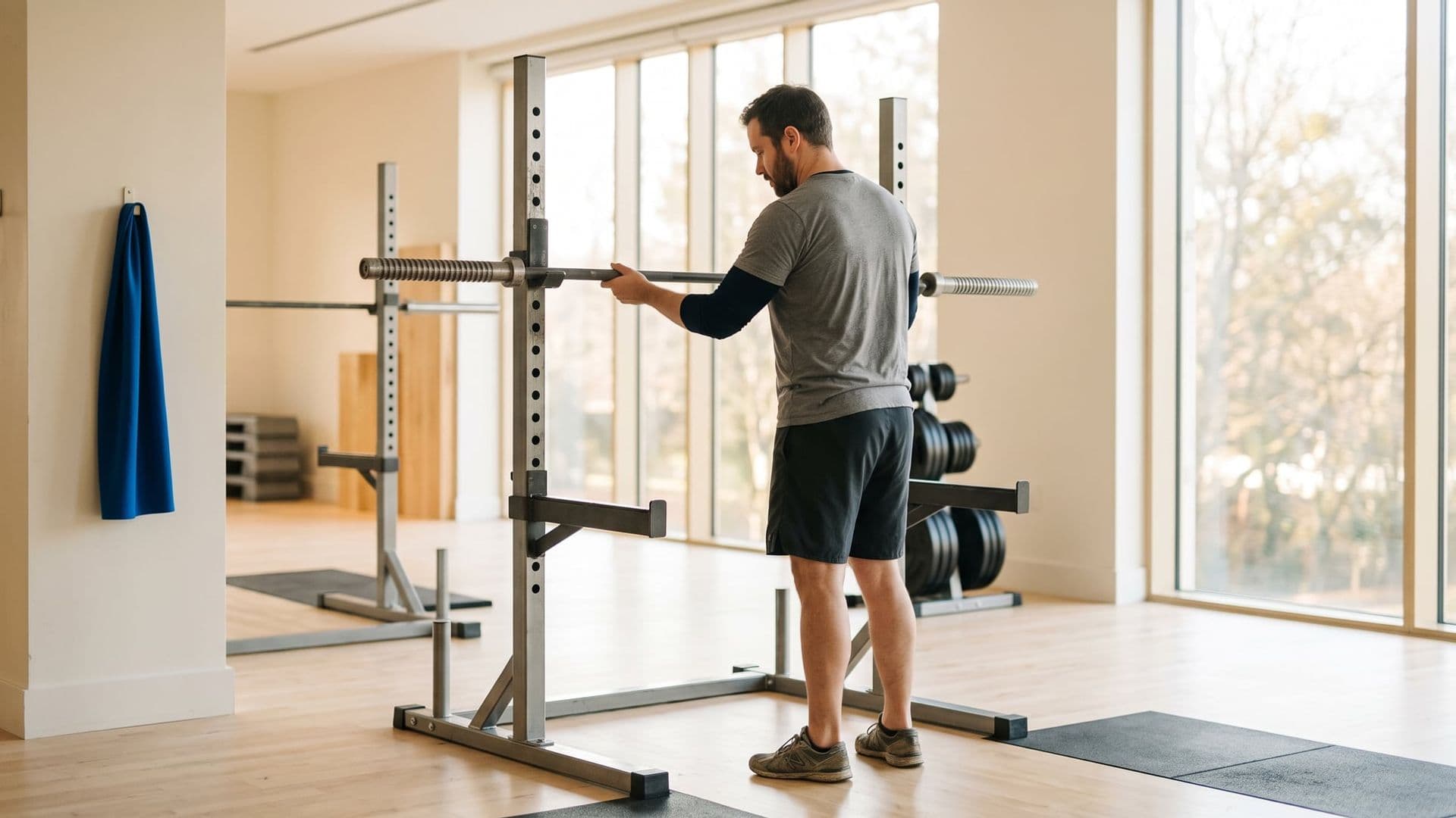 An ordinary person setting up a barbell on a rack in a bright gym, sleeves pushed up, deliberate and unhurried, plenty of clean space around them