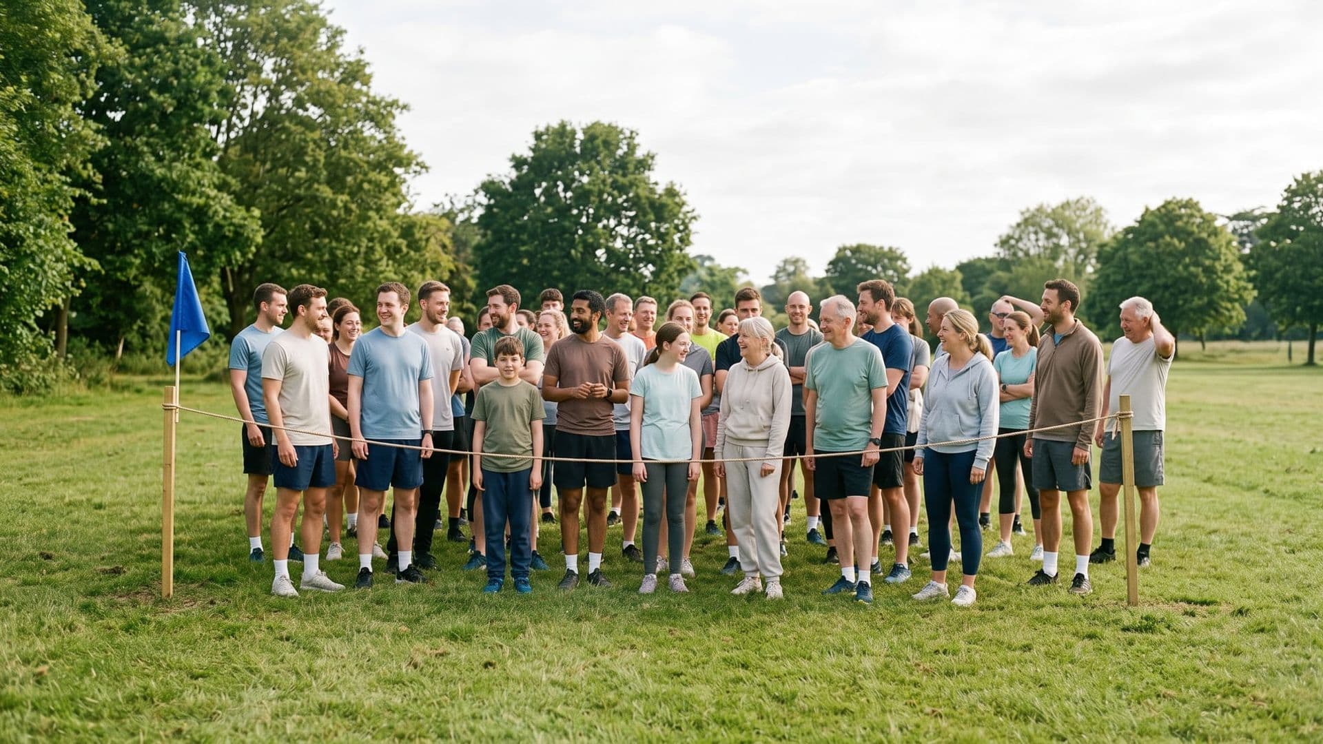 A small friendly local fun-run start area on grass in morning light, a modest crowd of ordinary people of mixed ages waiting, nothing branded