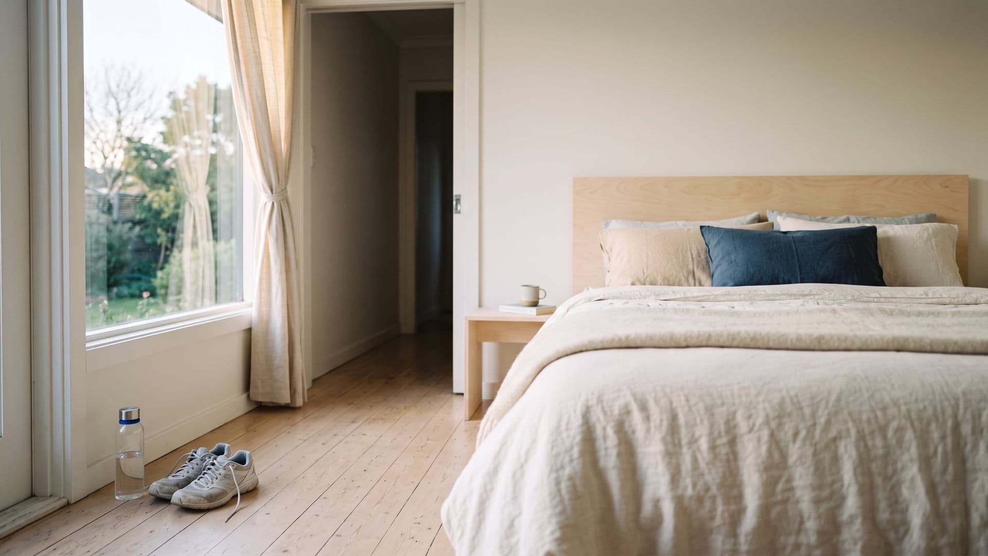 A quiet bedroom in early morning light with curtains half open and a made bed, running shoes and a water bottle by the door. Nobody in the frame