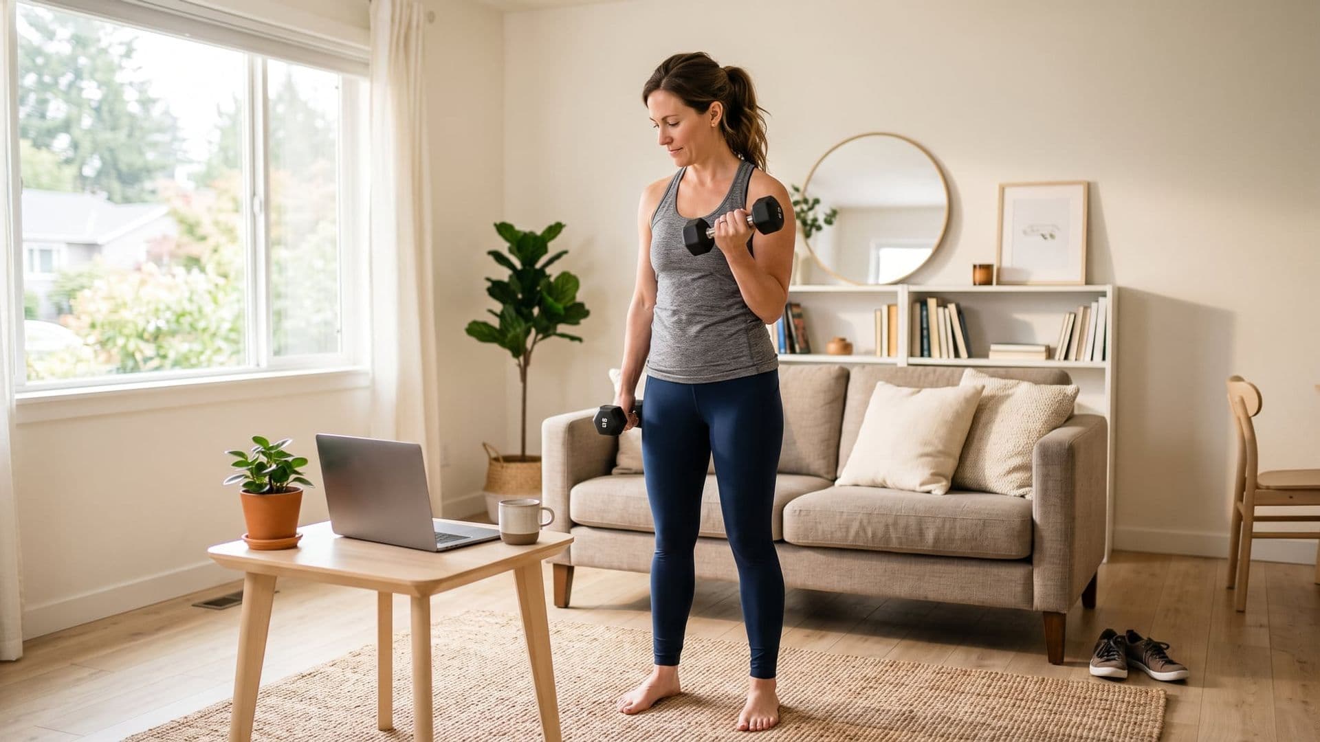 An ordinary woman in workout clothes doing a quick dumbbell set at home in a bright living room, a laptop closed on the table beside her