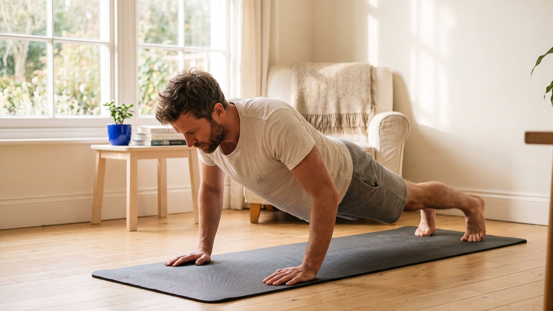 An ordinary man doing press-ups on a mat on a wooden living-room floor in morning light, mid-repetition, no gym in sight